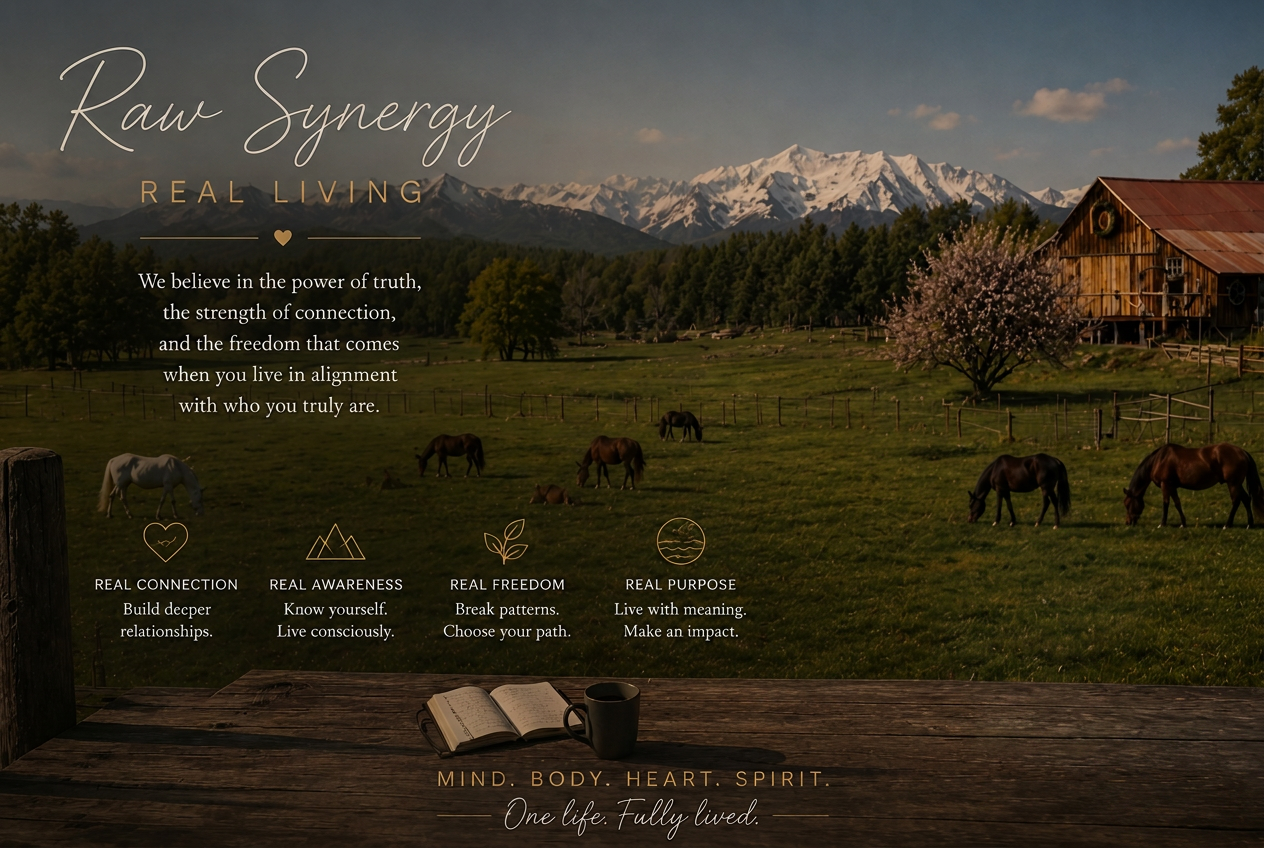 A weathered wooden barn at golden hour with horses grazing in a mountain pasture at Three Willows Ranch. Text overlays read Raw Synergy Real Living, We believe in the power of truth, the strength of connection, and the freedom that comes when you live in alignment with who you truly are, with icons for Real Connection, Real Awareness, Real Freedom, Real Purpose, and Mind. Body. Heart. Spirit. One life. Fully lived.
